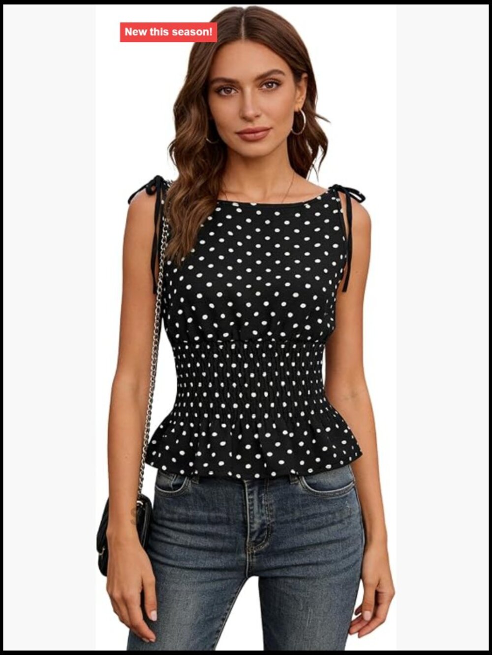 Womens Sleeveless Polka Dot Smocked Peplum Cami Tie Strap Boat Neck